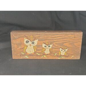 Vintage, Hand-painted Wooden Plaque Family of Three Owls Folkart 1970s
